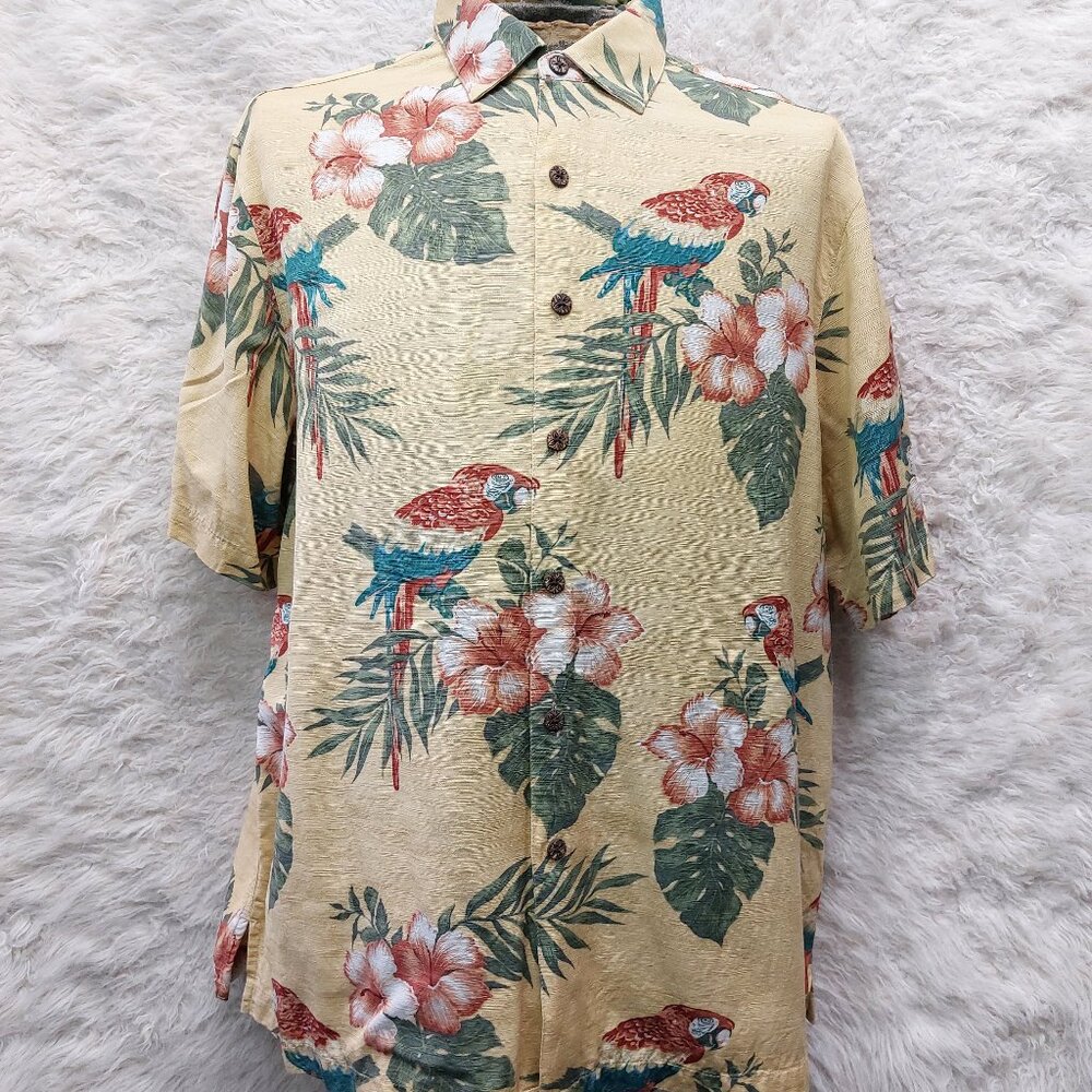 Caribbean Hawaiian Shirt Mens Silk Blend Beige Red Camp Tropical XL